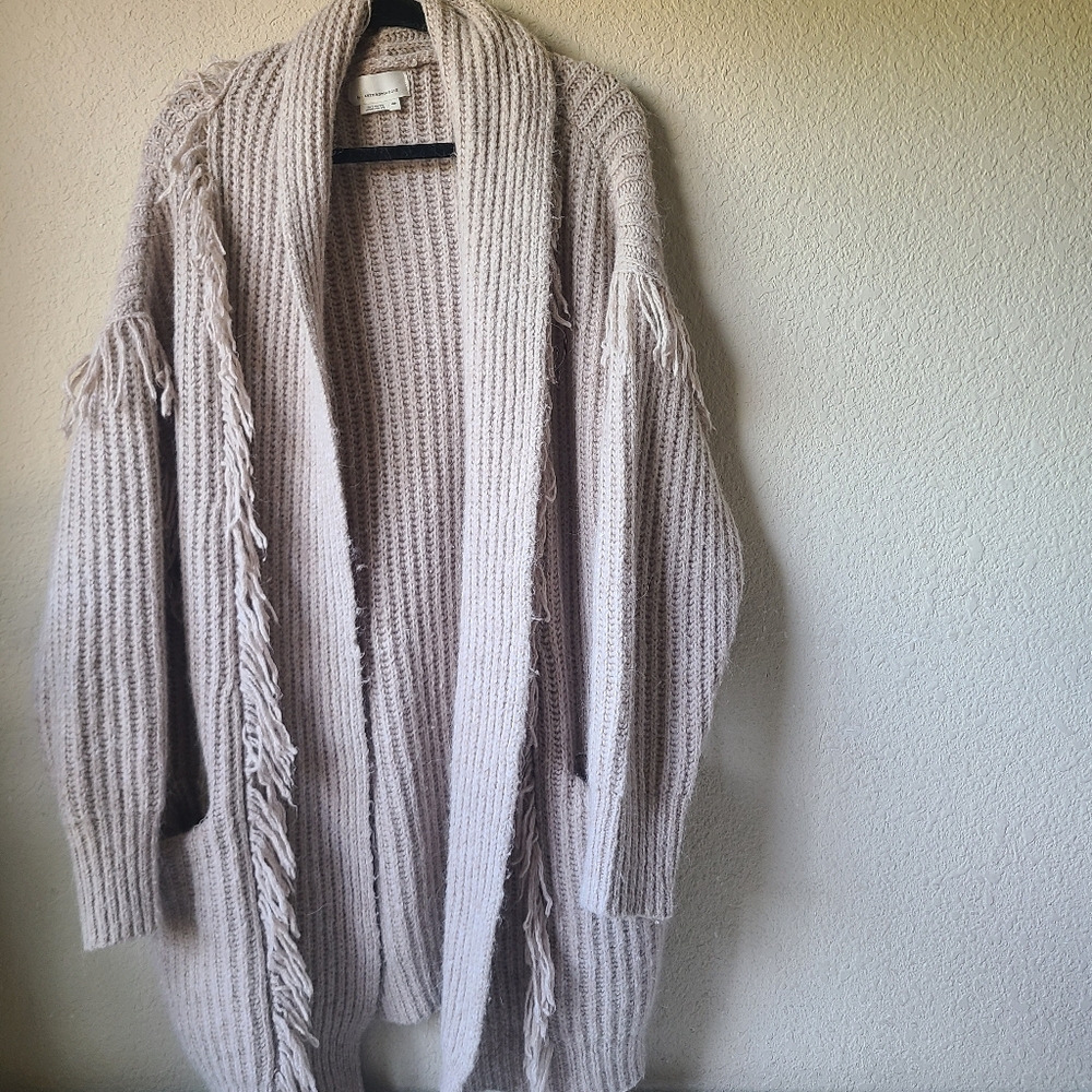Anthropologie Amanza Fringed Cardigan Sweater Taupe Size XXS